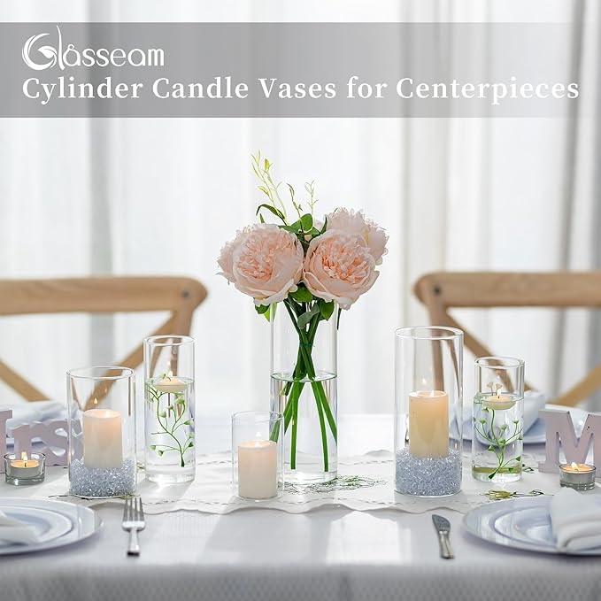 Glasseam Clear Cylinder Vases Set, 24Pcs Glass Vases for Centerpieces Bulk, Modern 2" Floating Candle Centerpieces for Decor, Hurricane Candle Holders for Wedding Table Decorations, Tall 4"+6"+8"