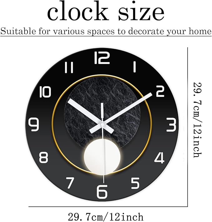 XNM Round Black Wall Clock for Bedroom 12 Inch Small Wall Clocks Battery Operated Silent Wall Clock Modern