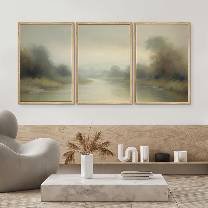 SIGNWIN Framed Wall Art Print Set Misty River Landscape Soft Neutral Nature Scene Photography Modern Art Closeup Relax/Calm Dark for Living Room, Bedroom, Office - 24"x36"x3 Natural