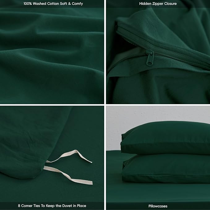 MooMee Queen Duvet Cover Set, 100% Washed Cotton Linen Like Twill Thick Sturdy Material Super Soft Breathable Durable Bedding for All Season, 3 Pieces (Forest Green, Queen 90"x90")