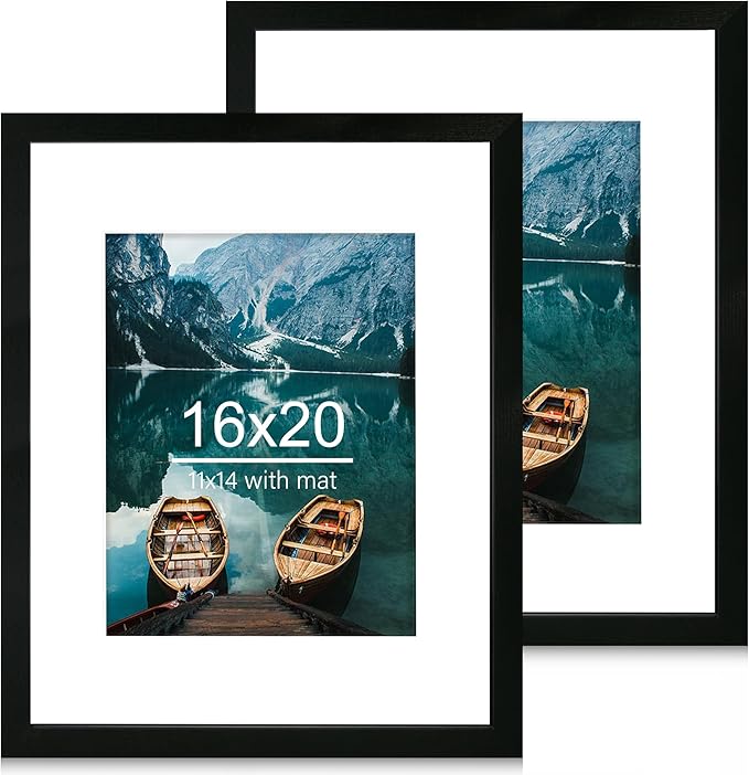 16x20 Frames Set of 2, Rustic Black Wood Style - Display 16 x 20 Picture without Mat or 11x14 Picture with Mat, Wall Mounting Horizontal and Vertical