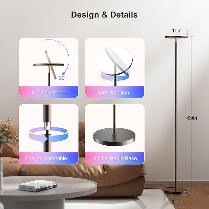 𝐑𝐆𝐁 Torchiere Floor Lamps for Living Room, 32W/3200LM Bright LED Standing Lamp with Remote, Modern Color Changing Tall Lamp with Stepless Dimming, 69" Corner Floor Lamp for Bedroom, Office