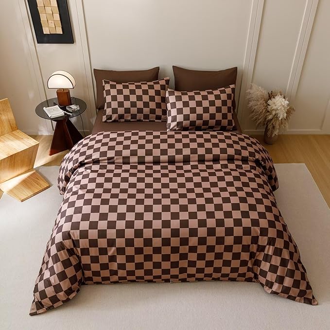Luxlovery Brown Plaid Comforter Set Queen Coffee Grid Bedding Comforter Set Women Men Queen Size Soft Breathable Blanket Quilts Dark Brown Geometric 3pcs Bedding Set for Full Bed