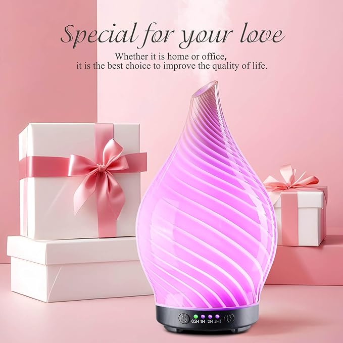 Porseme 150ml Essential Oil Diffuser Glass Color Changing Aroma Air Diffusers Aromatherapy Ultrasonic Cool Mist Humidifier 6 Running Hours Waterless Auto-Off for Sleeping Yoga Office Spa (Pure Pink)