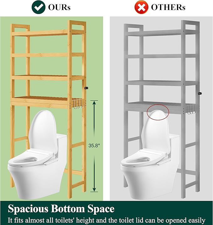 Smiry Over The Toilet Storage Cabinet, 4-Tier Bamboo Bathroom Organizers with Adjustable Shelf & 4 Hooks, Space Saving Shelf Rack for Bathrooms, Laundry Room, Balcony, Natural