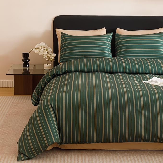 Luxlovery Striped Comforter Set King Men Dark Green Bedding Set Geometric Modern Stripe Pattern Blanket Quilts Durable Lightweight All Season 3PCS Comforter Set King Bed