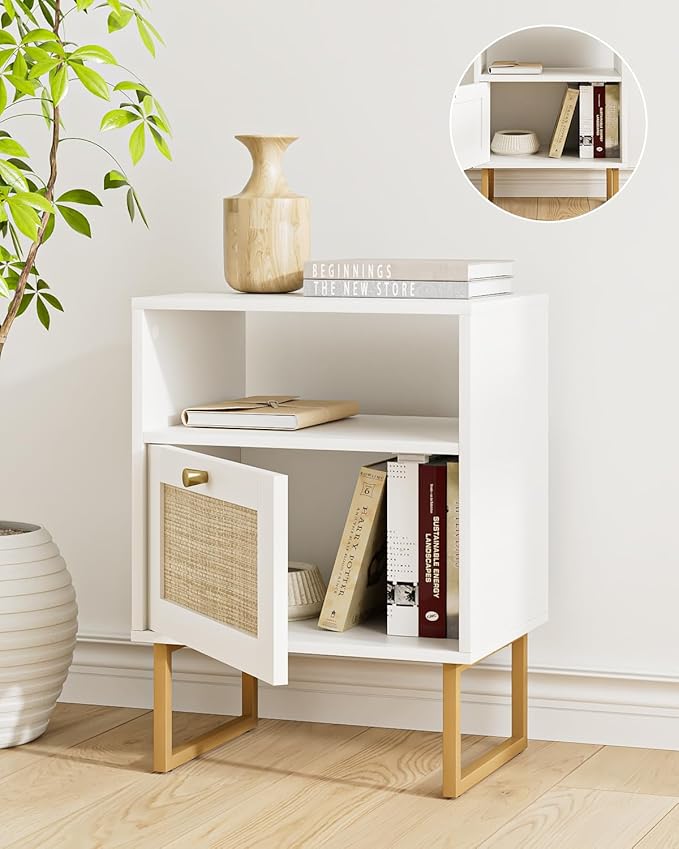 Rattan Nightstand, Mid Century Modern Night Stand,Boho Farmhouse Wood Bedside Table with Storage and Open Shelf, End Side Accent Table for Bedroom,Living Room,White