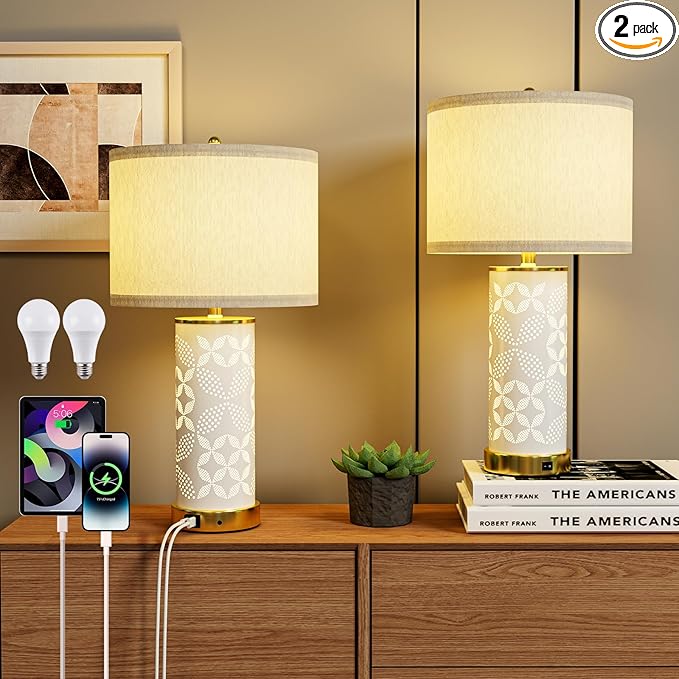 22'' Modern Ceramic Table Lamps Set of 2, Bedside Lamps with Hollow-Out Ceramic Design,USB A+C & 3 Color Temperature, Lamps for Night Stands with Night Light for Living Room and Bedroom(with 2 Bulbs)