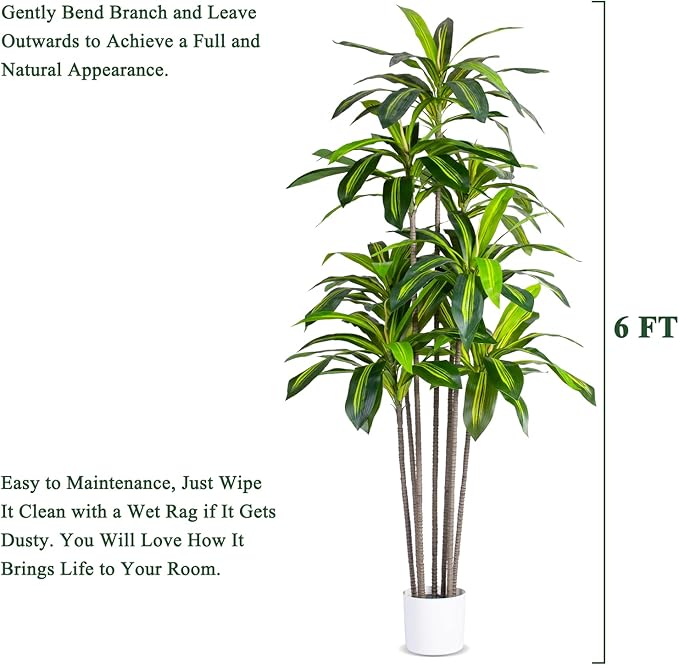 Artificial Dracaena Tree Indoor, 6FT Tall Faux Tree with Natural Wood Trunk and Lifelike Leaves, Tall Artificial Plants Indoor, Fake Plants for Home, Office, Living Room Decor