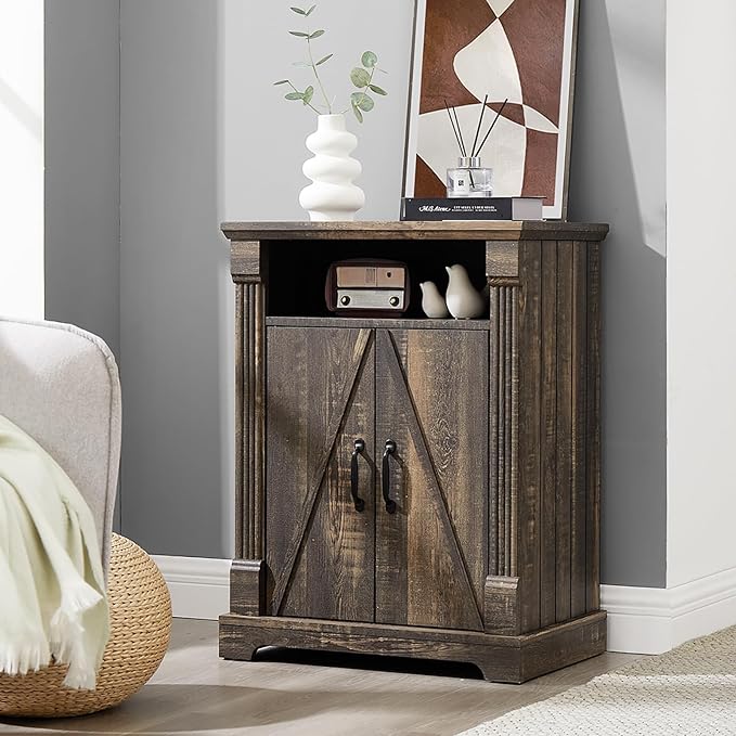 Farmhouse Bathroom Floor Cabinet, Freestanding Storage with Double Doors and Adjustable Shelves, Wooden Small Cabinet for Living Room, Bathroom, Dark Rustic Oak