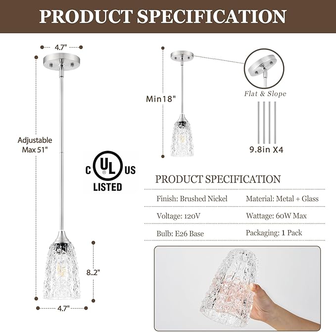 Brushed Nickel Pendant Lights Kitchen Island, 1-Light Hammered Glass Pendant Light Fixtures with Clear Glass and Rods, Modern Hanging Light for Kitchen Sink Dining Room Bedroom, E26