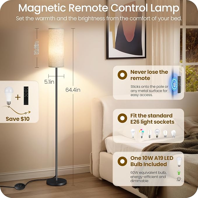 64.4” Dimmable Floor Lamp for Living Room with Remote and Foot Switch, Corner Floor Lamp for Bedroom, 10W 900LM LED Bulb Included, Modern Standing Tall Lamp, 3000K-6500K, Beige, FCC Listed E06LD05W1