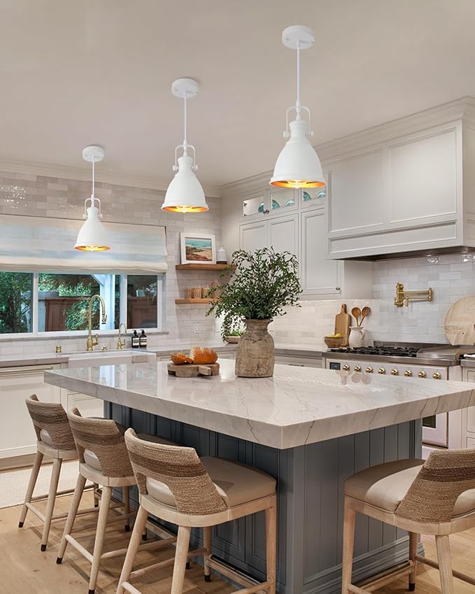 White Pendant Lights Kitchen Island 3 Pack, Vintage Pendant Light, 6.5’’ Farmhouse Pendant Light Fixtures, Adjustable Height, Pendant Lighting for Dining Room, Living Room, Sink, Bar