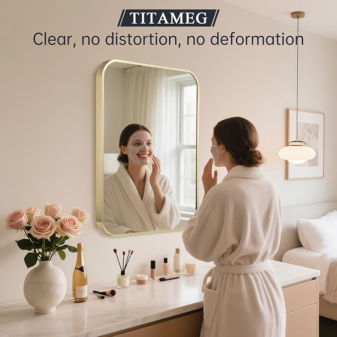 20x30 Inch Bathroom Mirror for Wall, Gold Framed Rectangle With Rounded Corner, Aluminum Alloy Brushed for Bedroom or Living Room, Vertical or Horizontal