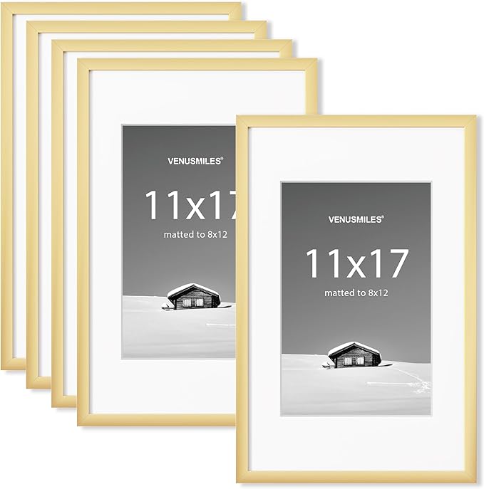 11x17 inch Picture Frame, 11x17 Photo Frames with 8x12 Removable Mat - High Definition Plexiglass - Vertical and Horizontal Display - Wall Hanging Frame - Gold, 5 Pack