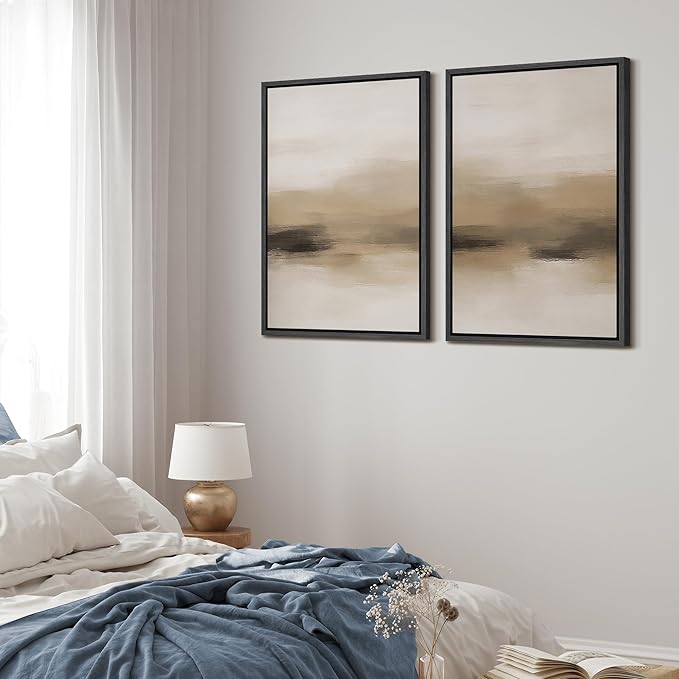 MUDECOR Framed Canvas Print Wall Art Abstract Neutral Beige Contemporary Minimalist Landscape Illustrations Modern Art Decorative Bohemian Colorful for Living Room, Bedroom, Office - 24"x36"x2 Black