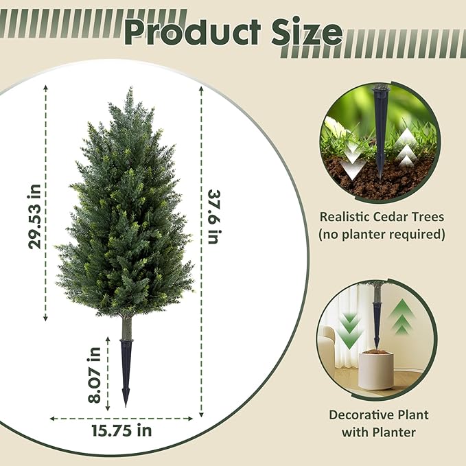 3FT Artificial Cedar Topiary Trees with Ground Spike, UV Resistant Fake Cypress Bushes Artificial Shrubs 2 Pack Faux Cypress Plants for Outdoor Indoor Front Porch Garden