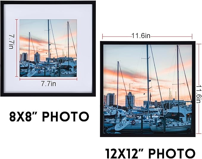 Giftgarden Black 12x12 Picture Frame Set of 4, Matted to 8x8 Picture with Mat, Matted Square Frames for Wall or Tabletop Display