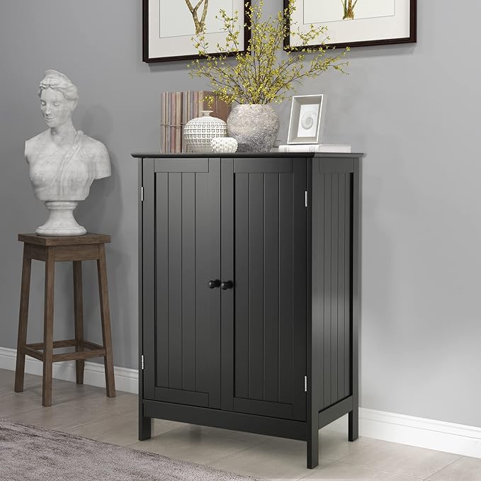GLACER Bathroom Floor Cabinet, Wooden Storage Cabinet with Double Doors, Suitable for Bathroom, Living Room, Entryway, 23.5 x 14 x 34 inches (Black)