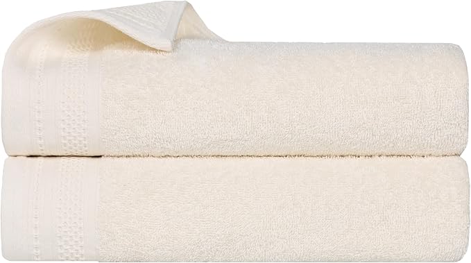 Superior Honeycomb Cotton Medium Weight Towels, for Bathroom, Shower, Spa, Pool, Quick Dry, Adults, Home Essentials, Textured Waffle Border, Oversized Large Towels, Bath Sheets, Set of 2, Ivory