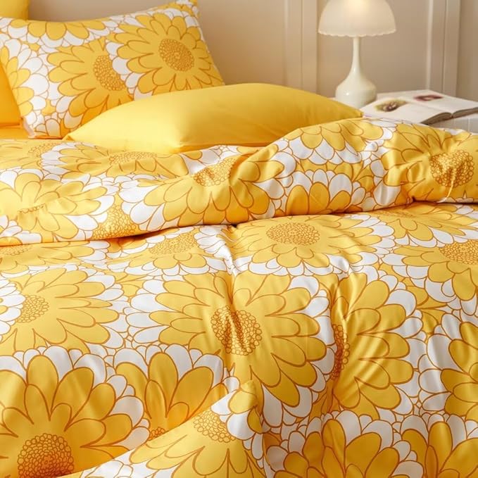 CLOTHKNOW Yellow White Sunflower Twin/Twin XL Comforter Set 3Pcs Floral Bedding Comforter Sets All Season Boho Comforter with 2 x Pillow Cases