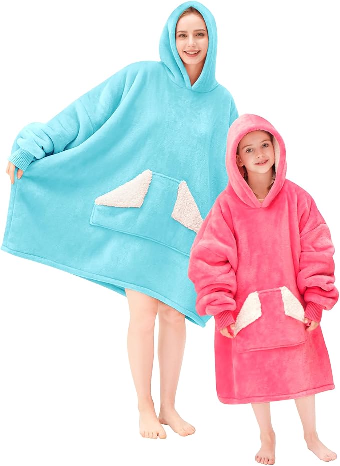 Touchat Wearable Blanket Hoodie, Oversized Sherpa Blanket Sweatshirt with Hood Pocket and Sleeves, Super Soft Warm Plush Hooded Blanket for Adult Women Men, One Size Fits All (Teal)