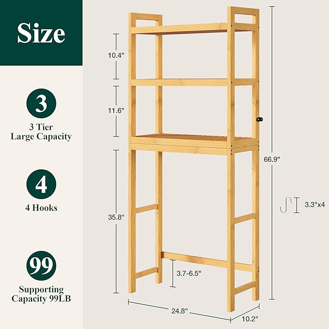Smiry Over The Toilet Storage Cabinet, 3-Tier Bamboo Bathroom Organizers with Adjustable Shelf & 4 Hooks, Space Saving Shelf Rack for Bathrooms, Laundry Room, Balcony, Natural