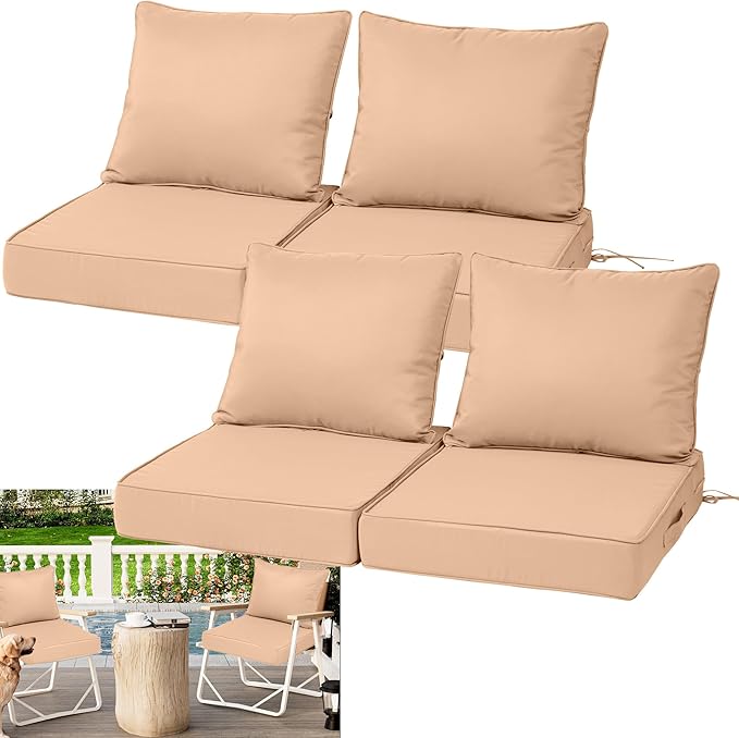 Waterproof Outdoor Chair Cushion Set of 4, 19x19x4 IN Deep Seat Patio Cushions with Fade Resistant Removable Cover,Outdoor Cushions for Patio Furniture with Ties&Handle for Chair Sofa Couch,Beige