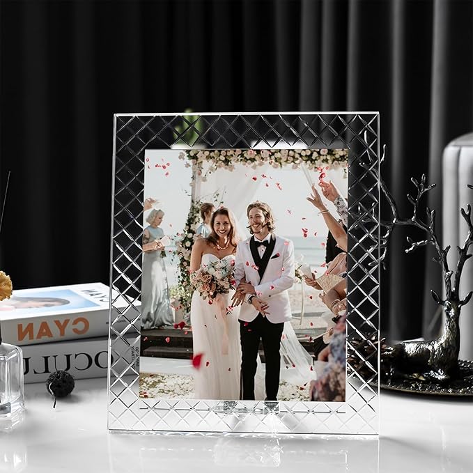 8''x 10'' Crystal Picture Frame for Wedding, Elegant Glass Photo Frame for Home & Office Decor, Decorative Design for Tabletop Display, Includes Luxury Gift Box (8x10inch)