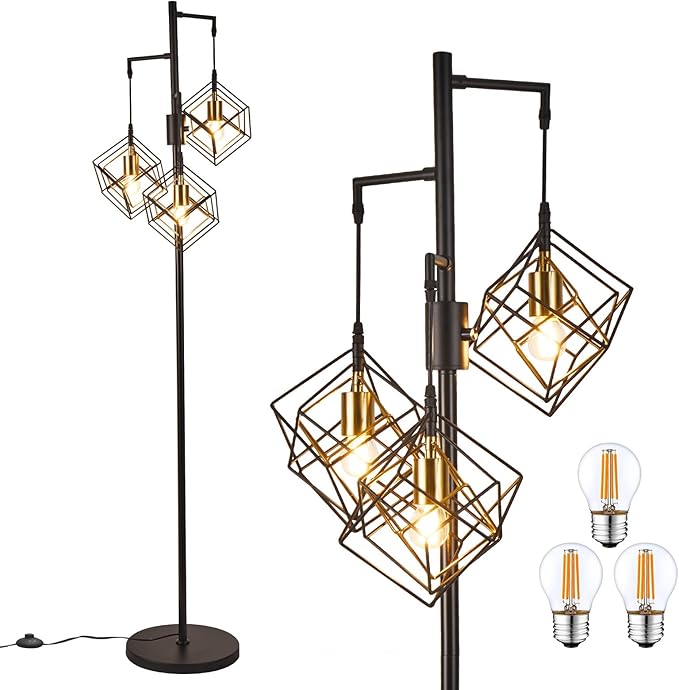 Dimmable Farmhouse Floor Lamp for Living Room, 3 Light Rustic Standing Tall Lamp, Modern Bright Floor Lamp, Industrial Standing Lamp for Bedroom, Tall Pole Lamps Office, 3 LED Bulbs Included.
