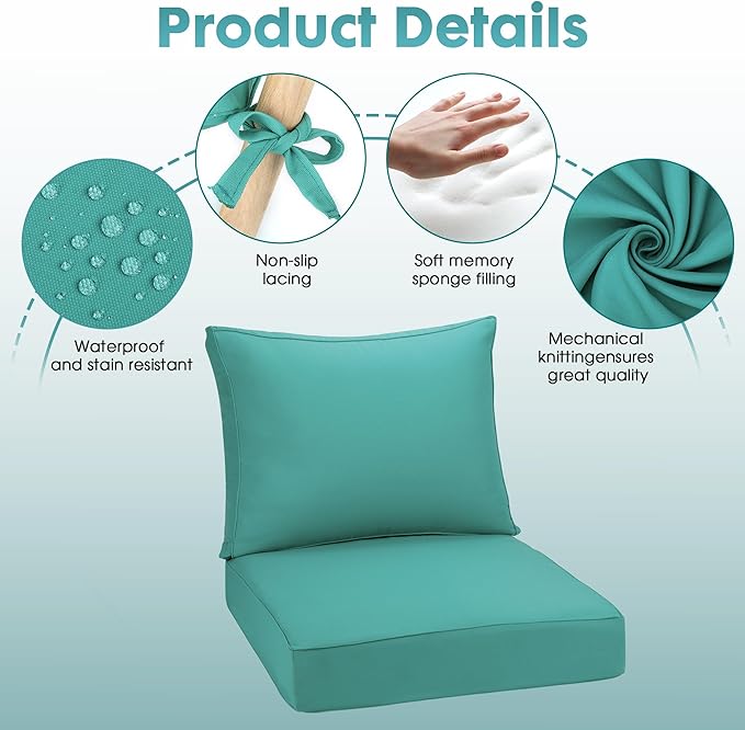 Outdoor Deep Seating Cushion Set, 24" x 24", Waterproof & Fade Resistant Patio Furniture Cushions with Handle, Deep Seat and Back Cushion for Chair and Sofa (2, Green)