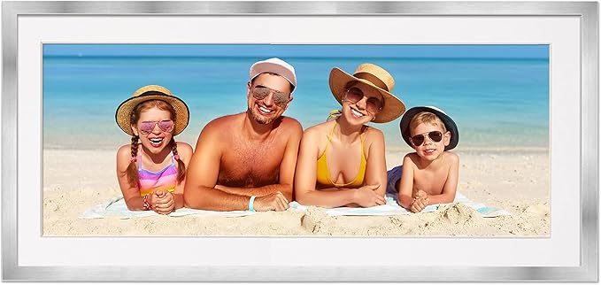 13.5x40 Frame with Mat - Silver 16x43 Frame Wood Made to Display Print or Poster Measuring 13.5 x 40 Inches with White Photo Mat