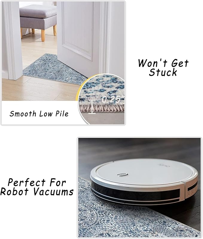 vivorug Blue Runner Rug 2x10 Machine Washable Rug with Non-Slip Backing, Ideal for Kitchen Hallway Entryway Laundry Room - Vintage, Durable, Easy Clean, Low Pile Carpet Runner