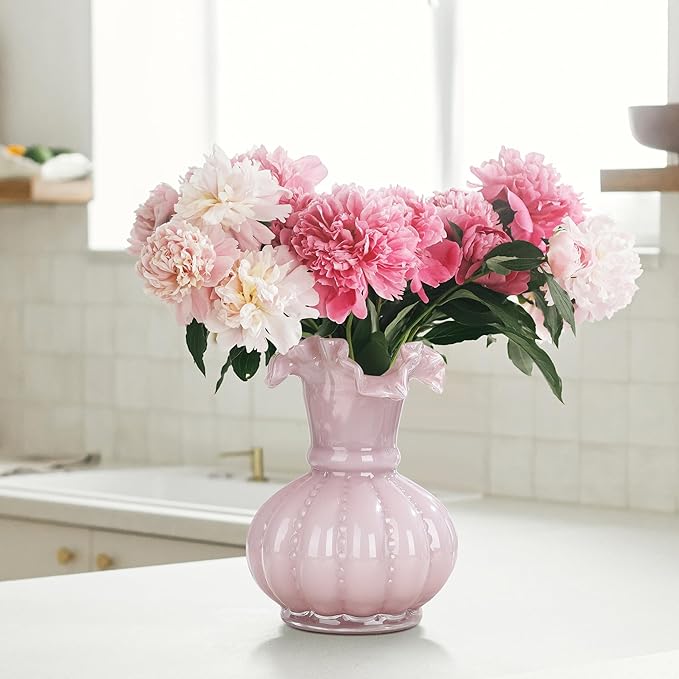 Joeyan Handmade Pink Glass Flower Vase,7.9" Vintage Decorative Urn Vase for Centrepieces Bouquet Wedding,Colored Thickened Pedestal Decorations for Rustic Home Living Room Office Farmhouse