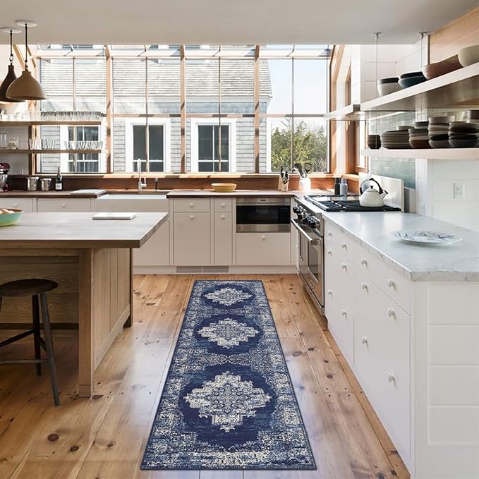 vivorug Runner Rug 2'x8' Machine Washable Non-Slip Runners for Hallways Kitchen Entryway Laundry Room Vintage-Inspired Carpet Hallway Runner Navy Blue