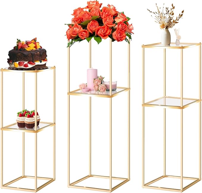 2-Tier Metal Flower Stand Set with Acrylic Shelves, Geometric Display Rack for Wedding Centerpieces, Party Decor, Tall Floor Vase Stand (Gold, Set of 3-36.8"/32.9"/25")