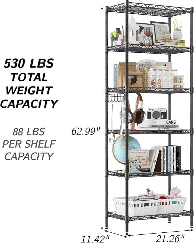 Homdox 6-Tier Storage Shelf Wire Shelving Unit Free Standing Rack Organization Adjustable Leveling Feet, Stainless Side Hooks, Black