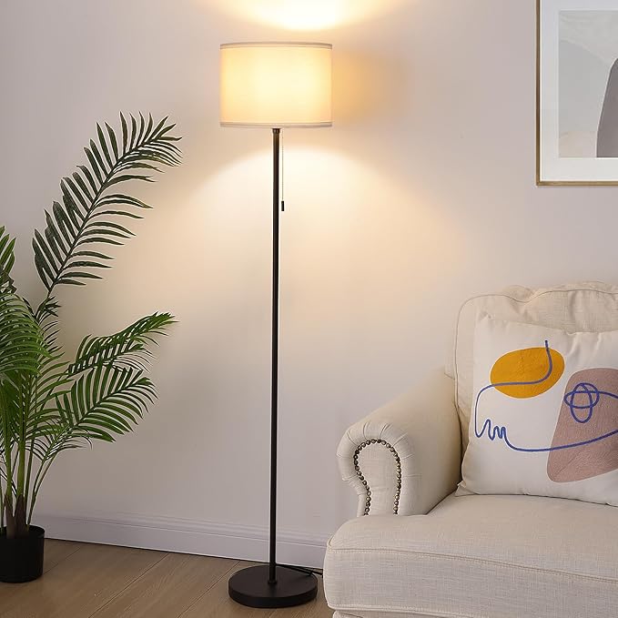 FOLKSMATE Floor Lamp for Living Room, Modern LED Simple Standing Lamps, Minimalist Tall Lamp for Bedroom, Living Room, Office, Kids Room, Reading Light, Black Pole Lamp with White Shade, Without Bulb