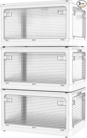 3 Pack Foldable Storage Bins, 8Gal Collapsible Storage Bins with 5 Opening Ways, Folding Storage Boxes, Foldable Storage Cubes for Clothing, Books, White