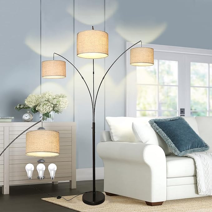 DLLT 3-Light Arc Floor Lamp, Modern LED Floor Lamp with Hanging Lampshades, 79 Inches Tall Standing Lamp with 3-Way Switch for Living Room Bedroom Reading Office Lighting, E26 Base, 9W Bulbs Included