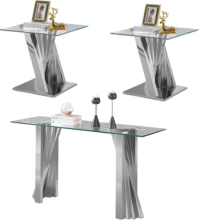 Glass 3 Piece Living Room Table Sets,3-Piece Table Set Includes 1 Console Coffee Table and 2 End Tables with Stainless Steel Frame,Modern Coffee Table Set of 3 for Living Room (Silver4)