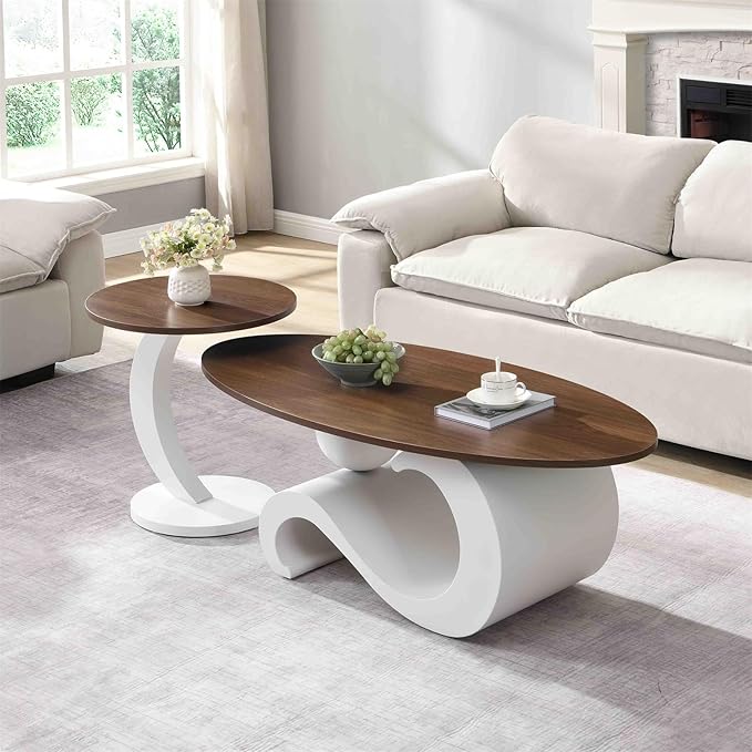 2 Piece Living Room Set, Modern Nest Coffee Table Set of 2, Wooden Brown Tabletop Oval Coffee and End Table Set with White Metal Geometric Base