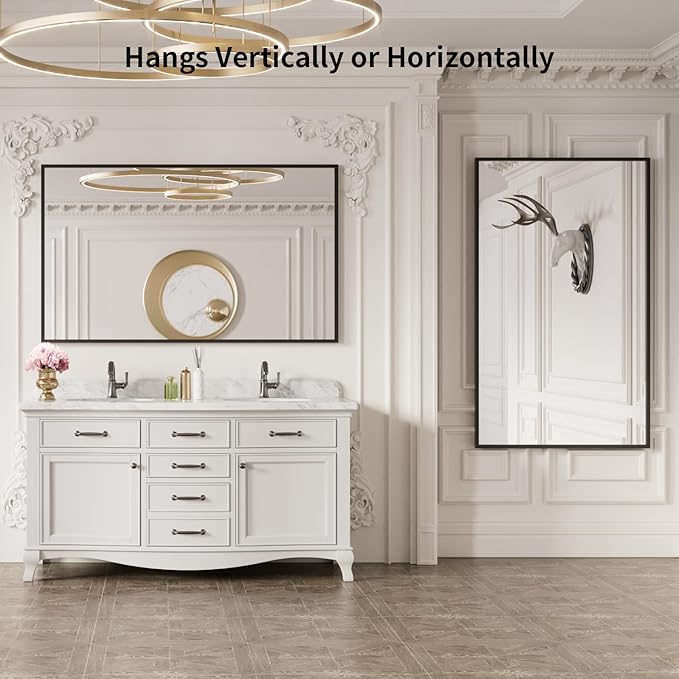 LOAAO 60"X30" Black Rectangle Bathroom Mirror Wall, Matte Black Aluminum Alloy Frame, Tempered Glass, Hangs Vertically or Horizontally, Easy to Install