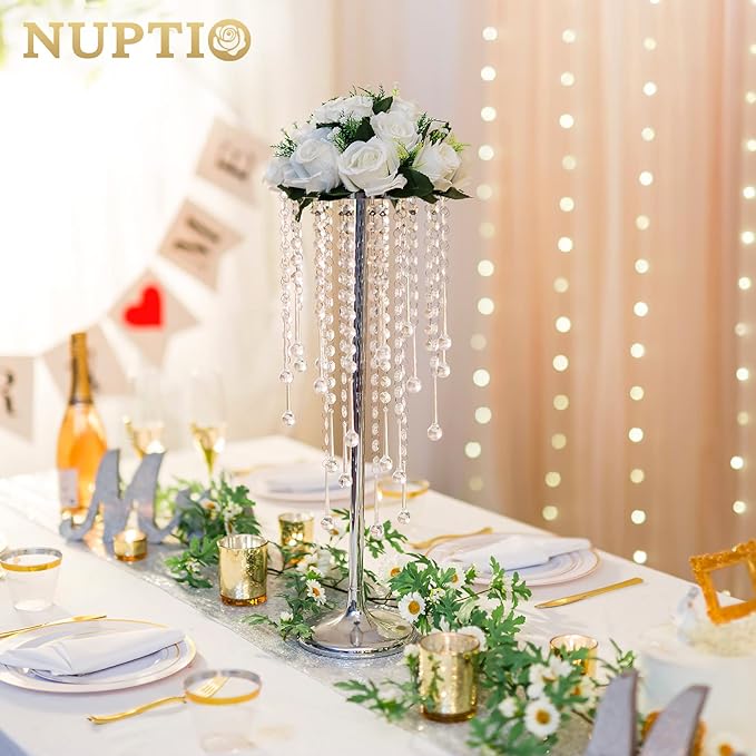 NUPTIO Silver Vases for Centerpieces Wedding - 10 Pcs 21.7in Tall Centerpiece for Tables - Flower Stand Bulk for Weddings Chandelier