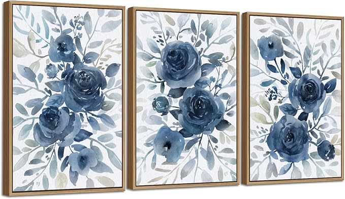 Large Retro Framed Wall Art - Natural Float Framed Blue Flowers White Canvas Pictures for Living Room Decor Indigo Floral Leaf Artwork for Bedroom Kitchen Home Office Decoration 72" X 36" Set of 3