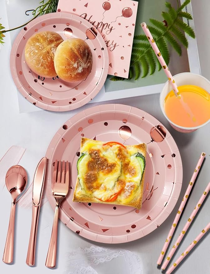 Birthday Party Tableware, 161 Pieces Pink and Rosegold Party Supplies, Party Dinnerware Sets Include Paper Plates Napkins Cups Silverware, for Shower Engagement Parties Decoration -20 Serves