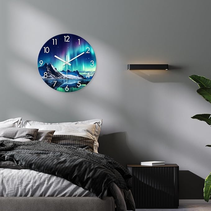 XNM Teal Glass Large Wall Clocks Battery Operated 20 Inch Aurora Wall Clocks for Living Room Decor Glacier Round Clock Silent