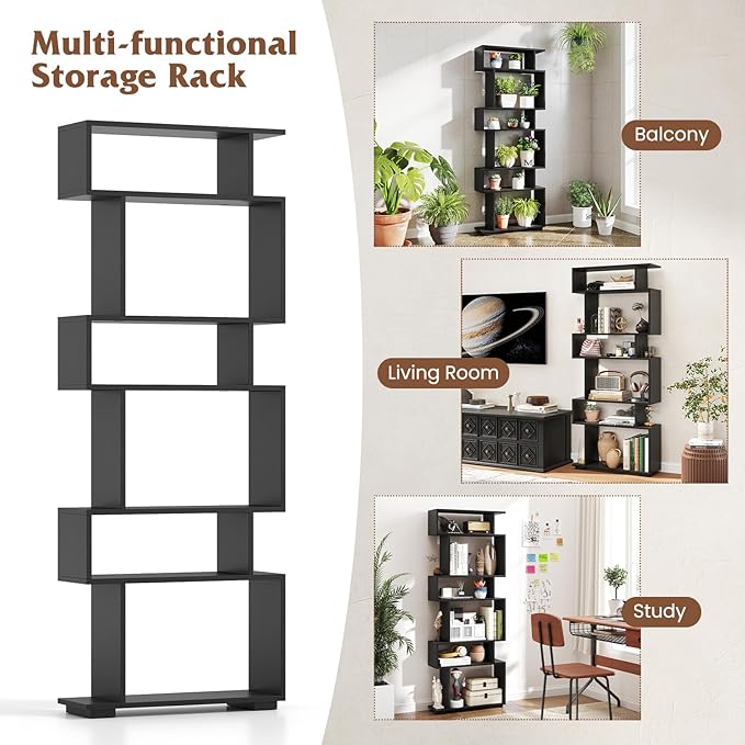 Tangkula 6-Tier S-Shaped Bookshelf, 64" Freestanding Geometric Bookcase, Home Office Wood Storage Shelf with Anti-Toppling Device, Room Divider Display Rack for Study, Living Room (1, Black)