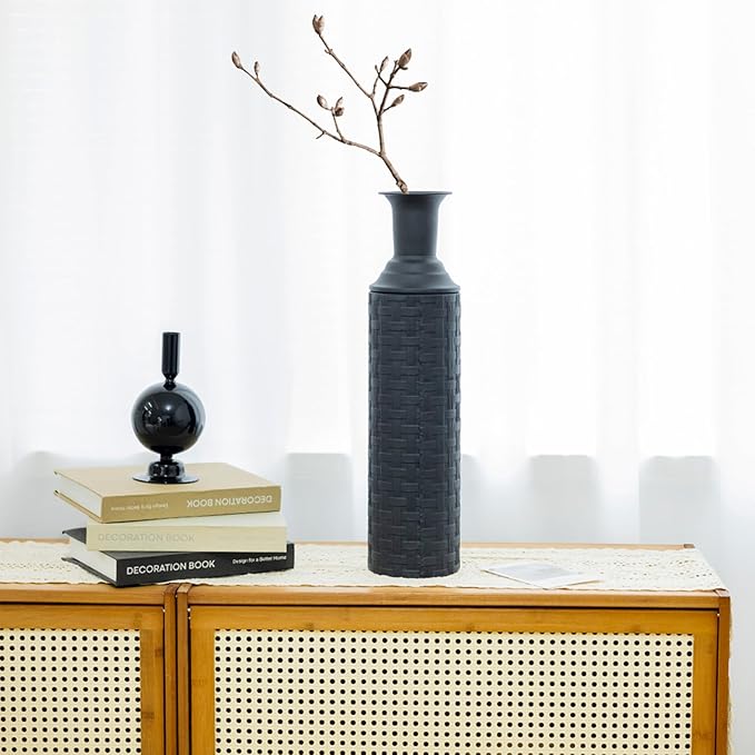 Tall Floor Vase Set of 3 Large Black Vase Tall Vases for Floor Vases Home Decor Large for Pampas Grass, Metal Material, Handcrafted Rattan Pattern, Matte Black