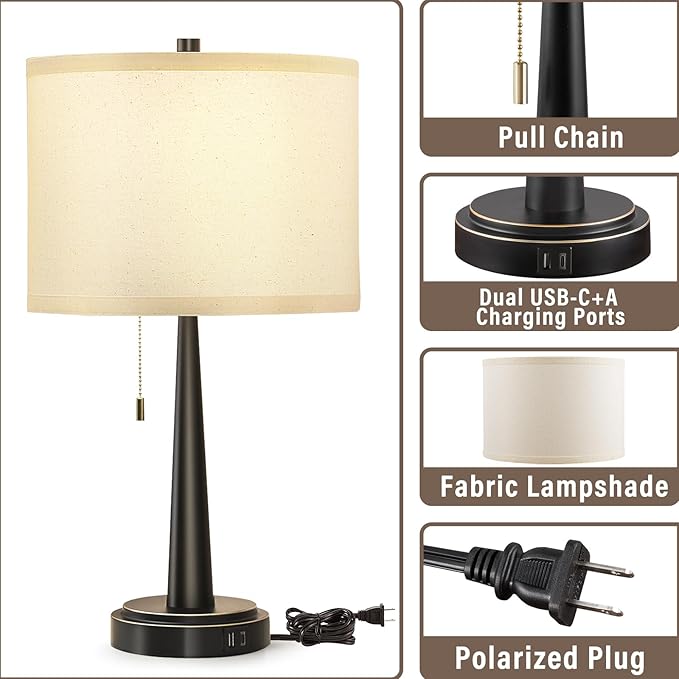GyroVu Table Lamp Set of 2, Beside Lamps with USB-C+A Nightstand Lamp with Pull Chain Swtich Modern Led Table Lamp for Living Room, Bedroom & Office-9W Led Bulbs Included(Matte Black)